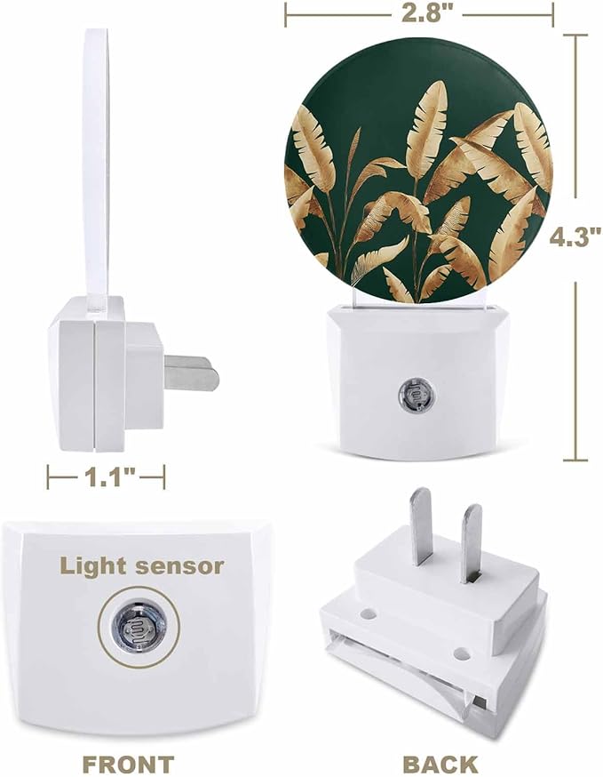 Night Lights Auto Sensor Golden Foliage Night Light Green Minimalist Leaf Round Lamp Plug-in LED Nightlights Dusk to Dawn for Living Room Bedroom Bathroom Hallway Wall Decor