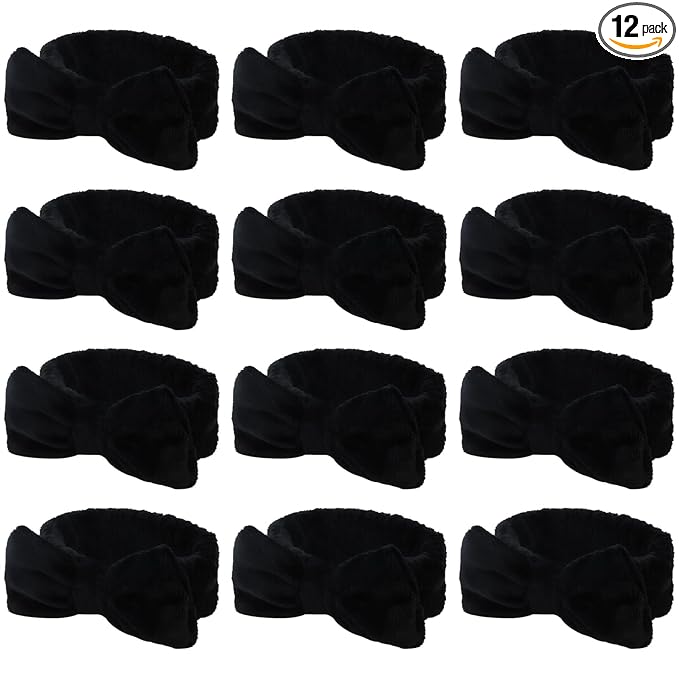 Casoty 12 Pcs Black Spa Headbands, Hair Holder for Washing Face, Soft Coral Fleece Facewash Headband, Bow Hair Bands, Skin Care Headband for Face Washing Shower Skin Care Yoga