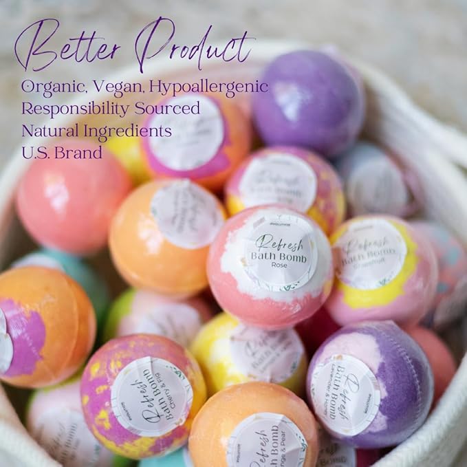 EvolutionUSA 24 Refresh Bath Bombs for Women & Kids – Lush Bath Bombs Mini Sized, Organic Bathbomb Set, Women & Kids Bath Fizz, Luxury Gift for Mother’s Day, Easter, Valentines, Birthday or Self Care