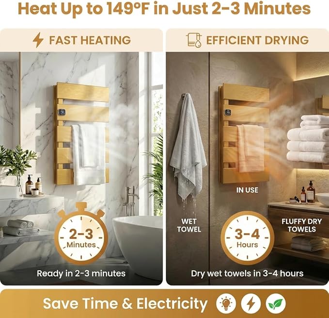 Electric Towel Warmer, Heated Towel Rack with Thermo Control and Timer, Fast Heating Towel Rail for Bathroom with Memroy Function, Work with Smart Plug, Left-Wiring, 5 Panel, Gold