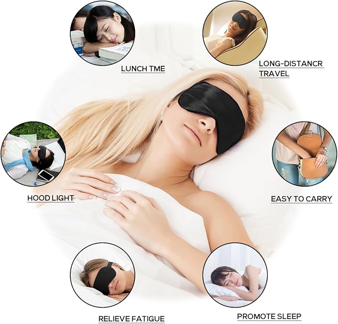 Silk Sleep Mask, Adjustable Soft Eye Cover for Comfortable Sleep & Naps, Pressure-Free, Machine Washable - Black