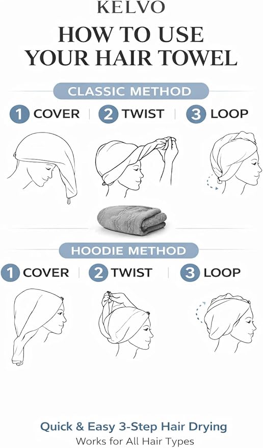 KELVO Microfiber Hair Towel Wrap for Women, 350 GSM Quick-Dry Hair Turban, Soft Anti-Frizz Towel for Curly, Long & Thick Hair, Lightweight Fast-Drying Head Wrap. (3 Gray (Solid, Stripes,Chess))