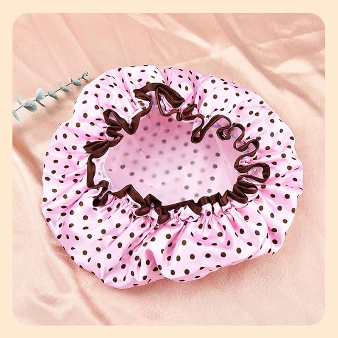 Vintage Polka Dot Shower Cap for Long Short Hair Caps for Shower Reusable Waterproof Double Layer Bath Cap for Women Adjustable Pink Polka Dot Print Bath Caps for Braids Womens Christmas Gift Ideas