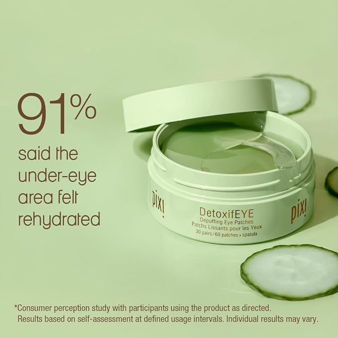 Pixi DetoxifEYE Depuffing Hydrogel Under-Eye Patches, Cucumber, Hyaluronic Acid & Caffeine for Puffy Eyes and Dark Circles, Hydrate Eye Area, 30 Pairs, 60 Patches