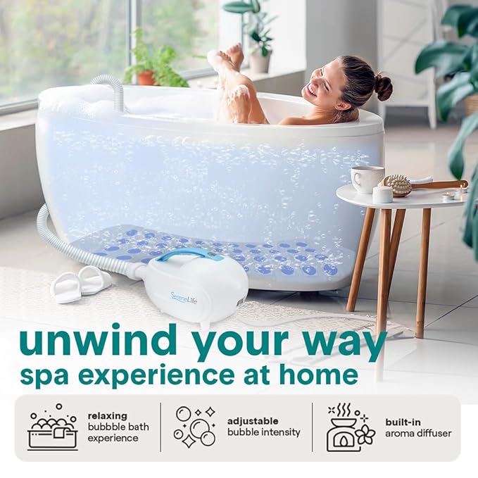 SereneLife Portable Spa Bubble Bath Massager - Relaxing Spa Non-Slip Mat with Suction Cup Bottom, Motorized Air Pump, Adjustable Bubble Settings and Remote Control, 47” x 14.2”