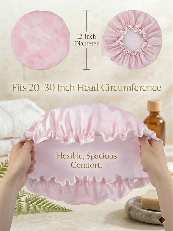 Aquior Shower Cap for Women, Waterproof Reusable Hair Cap with Soft Elastic, Large Size for Long Hair, Cute Pink Bath Cap for Shower, Skincare, Cooking, Spa and Travel Use