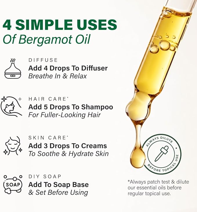 100% Pure Bergamot Oil - 4 Fl Oz Bergamot Essential Oil for Hair, Skin, Diffuser, Aromatherapy & DIY Soap Making Scent