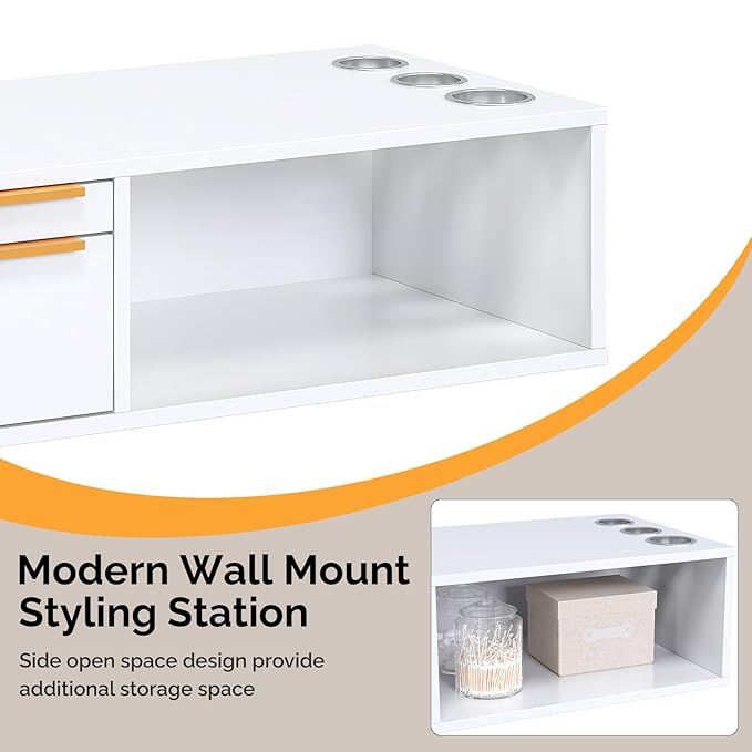 OmySalon Wall Mount Salon Station with Mirror, Hair Stylist Cabinet with Dryer Holders, Drawers & Shelf for Barbershop, Beauty SPA, Bathroom, White
