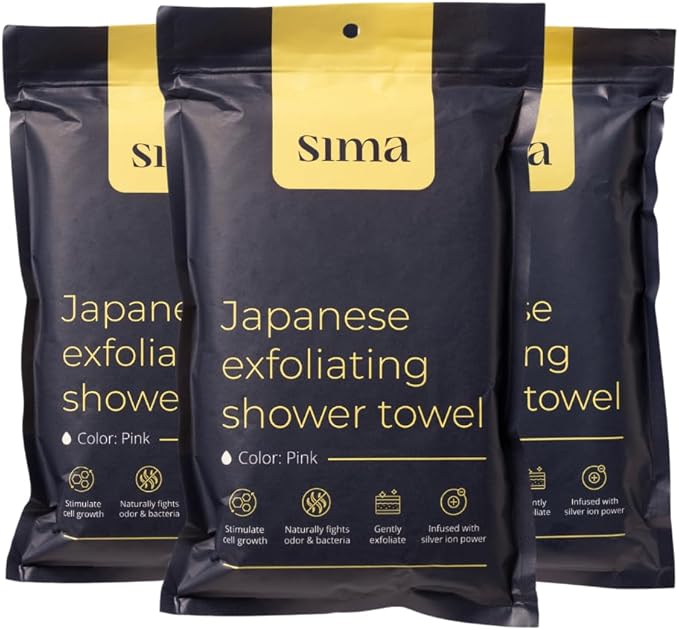 Sima Brand Exfoliating Washcloth Face & Body Scrub Towel - Japanese Exfoliating Towel with Hexagon Fibers, Body Scrubber with 2 Sides for Scrubbing & Washing, Extra Long Towels (Pink, 2 Pack)