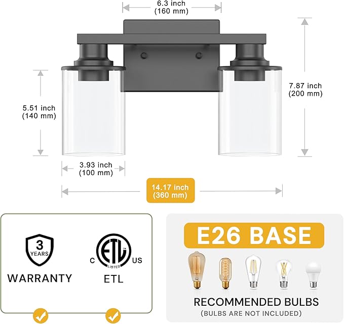 L LOHAS LED 2-Light Bathroom Light Fixtures, Black Vanity Light with Clear Glass Shade, Vanity Lights for Bathroom, Black, ETL Listed