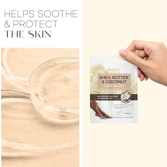 Skin 2.0 Shea Butter & Coconut Foot Masks - Softens Calluses, Treats Cracked Heels, Soothing & Hydrating - Dermatologist Tested Korean Skincare - Clean Beauty, Cruelty-Free, All Skin Types - 3 Pairs