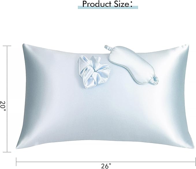 Vegan Silk Sleep Set, Vegan Silk Pillowcase with Large Scrunchie and Eye Mask for Hair and Skin, Self Care Essential Satin Night Routine Kit (Light Blue Color)