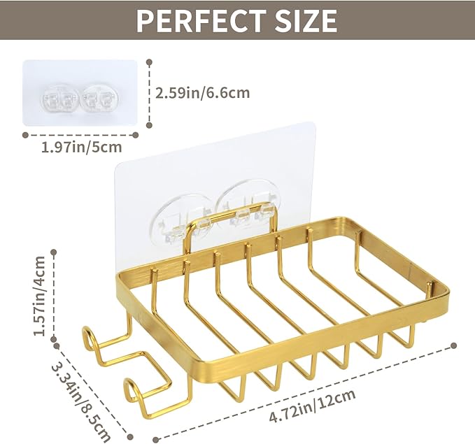 Snailhouse Soap Dish for Shower, Wall Self Draining Adhesive Hanging Stainless Steel Bathroom Bathtub Bar Soap Holder Tray Caddy with 2 Hooks, Gold
