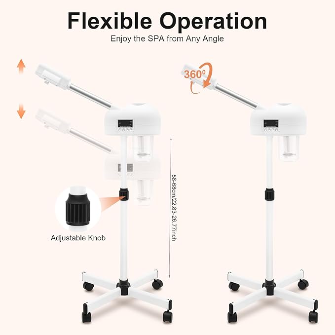 Standing Facial Steamer with LCD Timer 0-20min, Ozone Face Steamer Machine, Movable Pedicure Steamer with Wheels & Adjustable Height, Portable Skin Care Spa for Home Beauty Salon