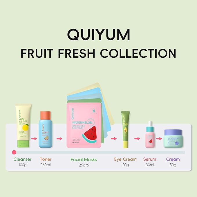 QUIYUM Fruit Skin Care Sets, Routine Skincare with Facial Mask, Beauty Skincare for Women, Facial Care, Hydration, Moisturizing, Oil Control, Glow Up, Teen Girl Gifts Trendy Stuff, Spa-Like at Home