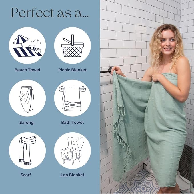InfuseZen Stonewashed Turkish Bath & Beach Towel –100% Organic Turkish Cotton - Soft, Lightweight, Absorbent - Quick Dry, Sand Free - Pool, Shower, Travel - Peshtemal, Hammam Spa Towel - Light Green
