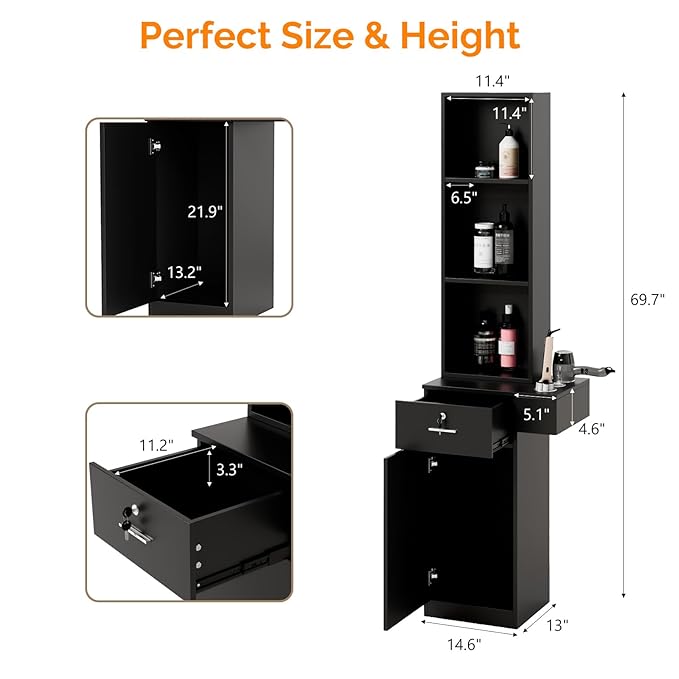 mefeir Salon Station, Barber Hair Stylist Storage Cabinet with Lockable Drawer, 5 Compartments & Shelf, Durable MDF, Organizer Equipment for Beauty Salon, Barbershop, Upgrade Black