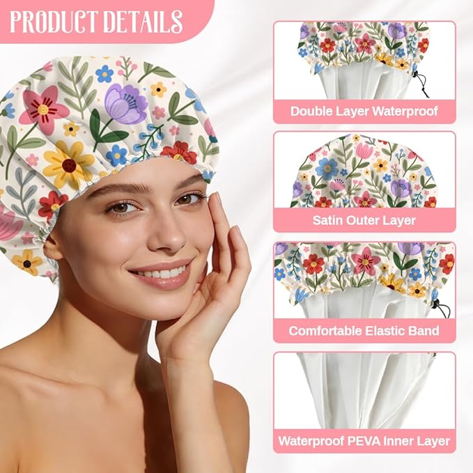 Bohemian Floral Patterns Reusable Shower Cap Cute Double Layer Waterproof Shower Caps Large Elastic Hair Cover Adjustable Hair - Drying Caps for Woman Bath SPA Travel One Size Fits Most