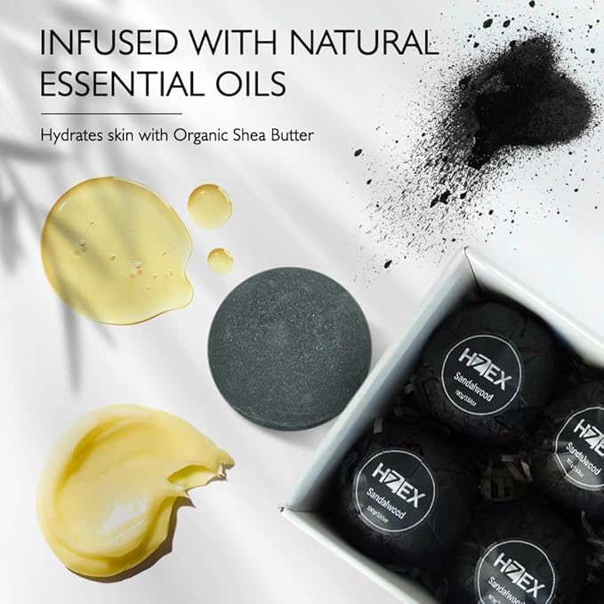 HZEX Charcoal Activated Bath Bombs for Men – Detox with Handmade Organic 6 Pack Bath Bomb Set, up to 3 Scents (Sandalwood, Bergamot, Ocean), Individually Wrapped (Sandalwood)