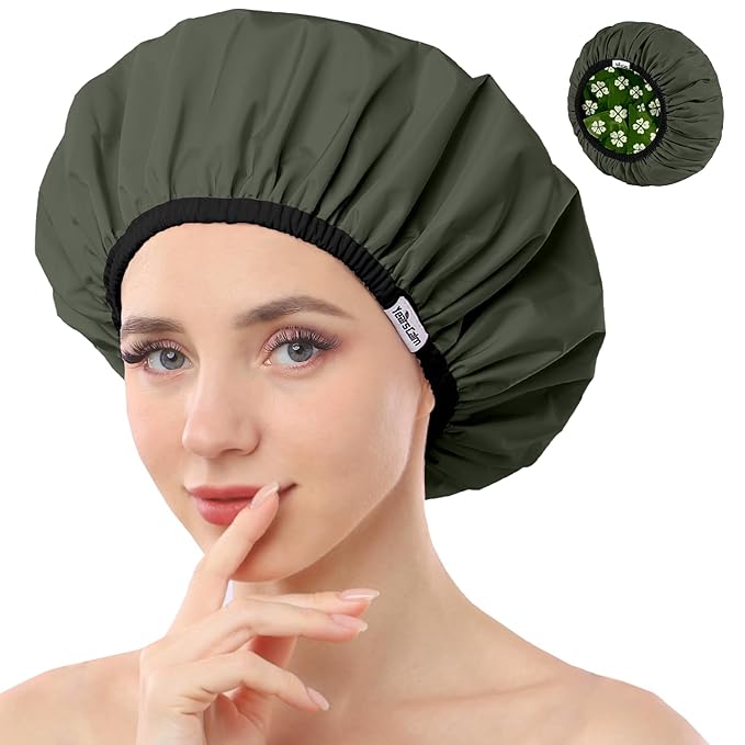 Years calm Shower Caps for Women Reusable Waterproof, Double Layer Waterproof Fabric - Both Sides Usable, Reversible Pattern & Solid Color Design, Soft Elastic Keeps Hair Dry for shower Spa Travel