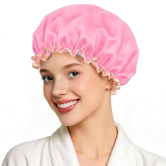 Waterproof Shower Caps for Women, Solid Color Dual-Layer Elastic Band Design Bath Hair Hat, Protects Hair In Shower, Spa, Cooking, Clean & Travel (Pink)