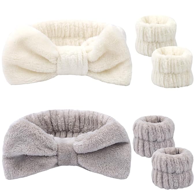 SPA Headbands for Washing Face Makeup Headbands with Bow Hair Band Women Facial Head Band Wrist Towel Wraps For Shower Face Mask White Gray, 6 Pack