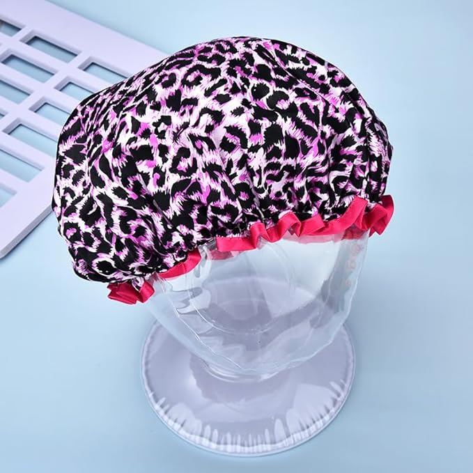 Womens Pink Leopard Print Shower Caps for Women Trendy Large Washable Lined Shower Cap for Braids Ladies Leopard Print Bathing Cap for Long Short Hair Plastic Bath Caps for Women Reusable Waterproof