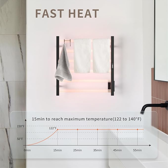Wall Mounted Towel Warmer Square 6 Bars with Plug-in and Hardwired Options 3 Working Modes Black Stainless Steel 21" W 34" H