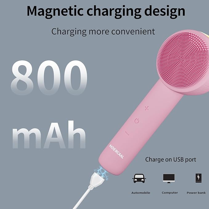 Facial Cleansing Brush Electric – Rechargeable Silicone Face Scrubber, Waterproof Vibrating Cleaner with 5 Adjustable Intensities for Deep Cleansing and Exfoliation (Pink)