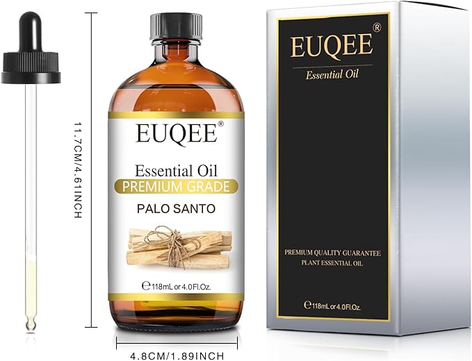 EUQEE Palo Santo Essential Oil 118mL Pure Palo Santo Oil Premium Essential Oil with Glass Dropper for Diffuser, Soap Candle Making - 4Fl. Oz