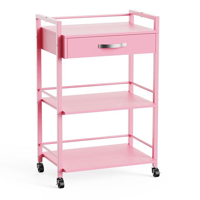 OmySalon Salon Trolley Cart with Wheels, Esthetician Cart with 1 Drawer & 2 Trays, Mobile Storage Organizer for Beauty Spa Massage Tattoo Esthetic Facial Tool Holder Station, Pink