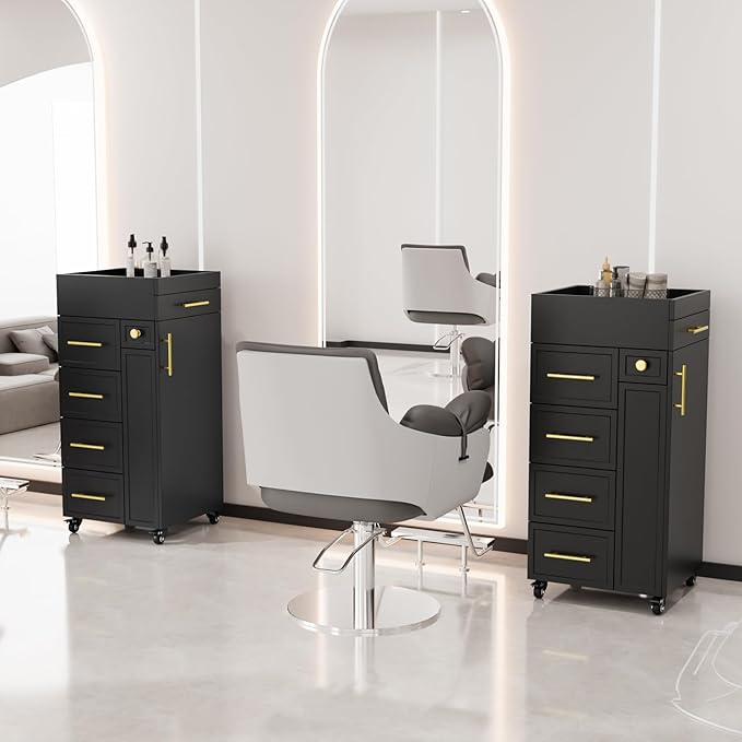 OmySalon Salon Trolley Cart, Hair Styling Station with 5 Drawers, 3 Tool Holders & Adjustable Shelf, Mobile Storage Cabinet Utility Trolley for Barber, Beauty Spa, Home (Black)