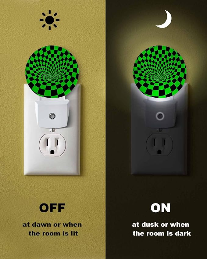 Night Lights Auto Sensor Green Black Checker Night Light 3D Abstract Mosaic Tiles Round Lamp Plug-in LED Nightlights Dusk to Dawn for Living Room Bedroom Bathroom Hallway Wall Decor