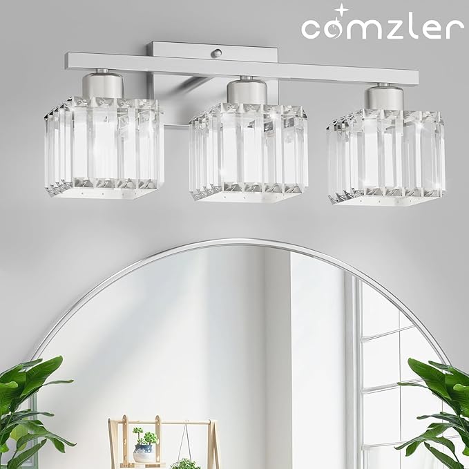 comzler 3-Light Bathroom Light Fixtures Over Mirror, Brushed Nickel Crystal Wall Sconce with E26 Base for Mirror Kitchen Living Room Bathroom, Square Crystal Shades (Bulbs Excluded)