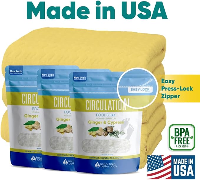 Circulation Foot Soak (3-Pack with Scoop) Foot Soaking Epsom Salts with Pure Essential Oils in BPA Free Pouch with Press-Lock Seal Made in USA, Three 2-Lbs Pouches 6-Lbs Total