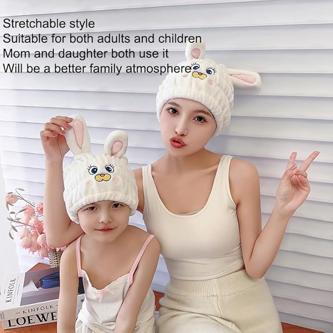 Animal Hair Drying Towel Caps, 2Pcs White Rabbit Girls Hair Dry Wrap Women Absorbent Turban Towel, Cute Children Hair Drying Wrap as Gift