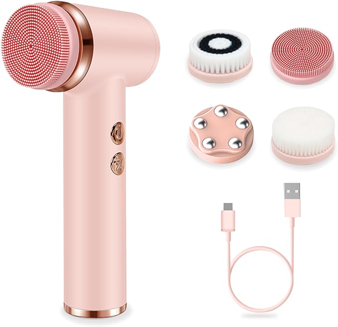 Electric Facial Cleansing Brush with 4 Brush Heads & 5 Speeds - IPX6 Waterproof, Type-C Fast Charging - for Deep Cleansing, Exfoliating, Pore Minimizing & Makeup Removal (Pink)