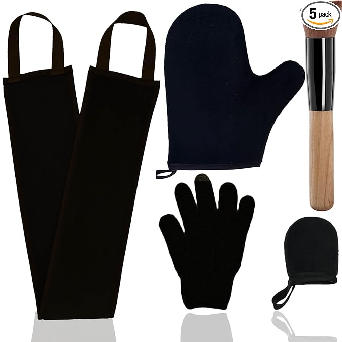 5 Piece Self Tanning Mitt Set with Tan Glove, Back Lotion Applicator, Face Mitt, Exfoliating Glove (Black)