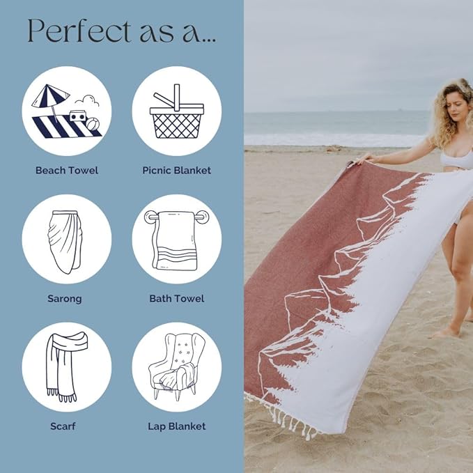InfuseZen Turkish Towel with Mountain Landscape – 100% Organic Turkish Cotton - Sand Free Quick Dry Beach Peshtemal – Thin Reversible Absorbent Pool Hammam – Plus Size Gym, Travel Fouta (Burgundy)