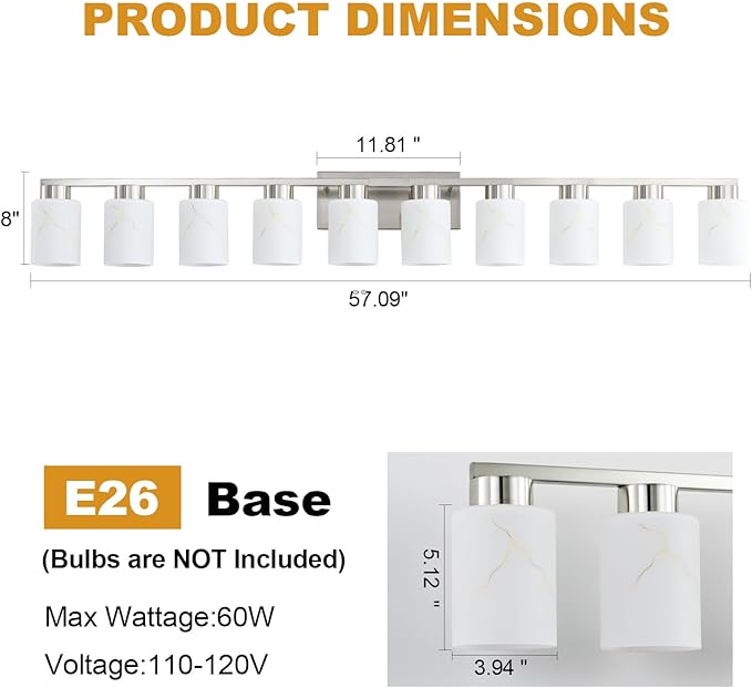 10-Light Bathroom Light Fixtures, Modern Vanity Lights, Brushed Nickel Metal Wall Lamp with White Marble Glass for Bathroom, Mirror, Living Room, Bedroom, Cabinet, Porch, Hallway, E26 Base