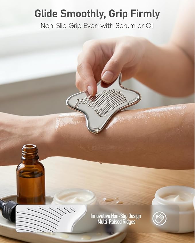 Non-Slip Grip Stainless Steel Gua Sha Facial Tools, 2026 Updated X-shaped Guasha Massage Tool, Cooling Metal Face Massager Scraper for Face Jawline, Cheeks & Chin, Gifts for Women Moms(Silver)