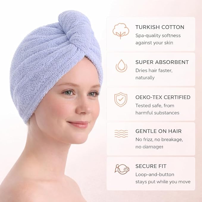 100% Turkish Cotton Hair Towel Wrap 2 Pack – Oeko-TEX Certified Quick Dry Turban for Wet Hair – Soft, Absorbent, Gentle on Curly & Long Hair – 10x26 Inch