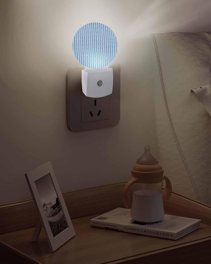 Night Lights Auto Sensor Blue Pinstripes Night Light Woven Denim Striped Round Lamp Plug-in LED Nightlights Dusk to Dawn for Living Room Bedroom Bathroom Hallway Wall Decor