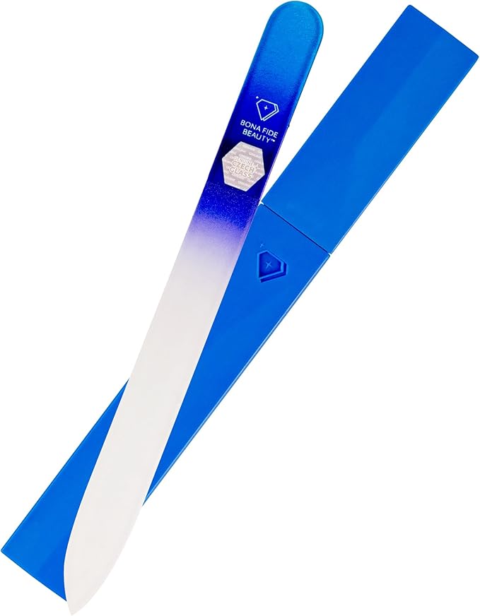 Bona Fide Beauty Glass Nail File with Case, Aqua Cobalt Czech Glass Fingernail Files Handcrafted from the EU. Ideal Nail Care Tool for Natural Nails.