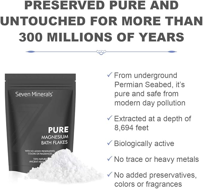 Seven Minerals Pure Magnesium Chloride Flakes 3 lb - Absorbs Better Than Epsom Salt - All Natural Unscented Foot Soak (15 uses) or Full Body Bath (8 uses) for Relaxation, Muscle Pain and More!
