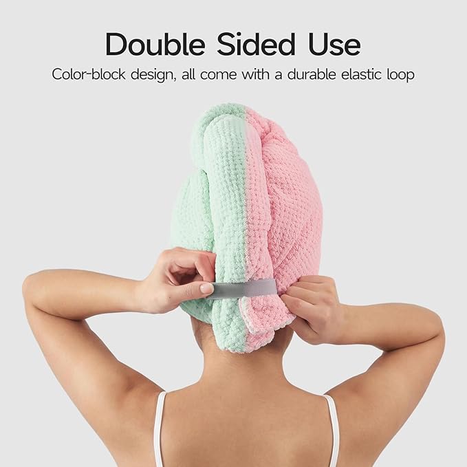 REDKISS Microfiber Hair Towel Wrap for Women, Double Sided Hair Towels with Elastic Strap, Super Absorbent Quick Dry Hair Drying Towel for Long, Thick, Curly Hair, Anti-Frizz Turban (Grenn & Pink)