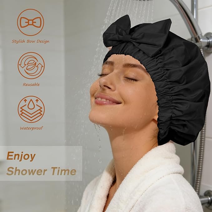 Shower Cap for Women, Cute Bow Waterproof Reusable Bath Cap, Non-Slip Anti Humidity, Roomy Anti-Frizz for Short Medium Wavy Hair, Soft Elastic & Machine Washable, Black