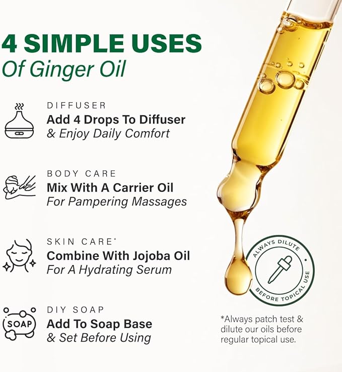 100% Pure Ginger Oil - 4 Fl Oz Ginger Essential Oil for Hair, Skin, Diffuser, Aromatherapy & DIY Soap Making Scent
