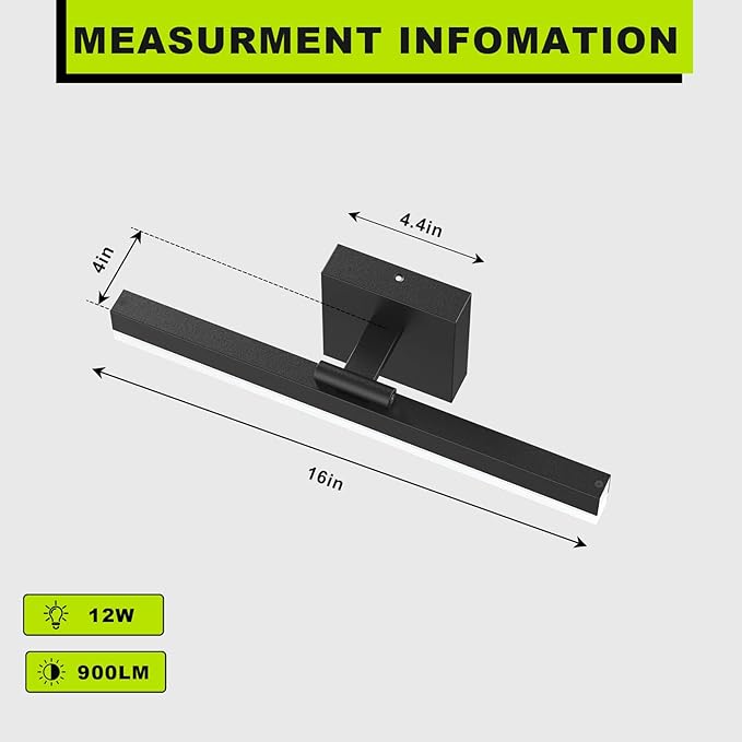 IZORRO Modern Bathroom Vanity Light 16 inch, Rotatable, 12W Dimmable Led Bathroom Light Fixture Over Mirror, Black Vanity Light Bar (Cool White 6000K)