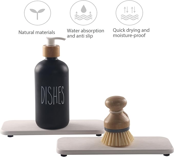 NiuYichee 2 Pcs Water Absorbing Stone Trays, Kitchen/Bathroom Sink Soap Dish, Diatomite Tray Used for Hand Soap & Cosmetic Bottles in the Modern Home, 4" W x 9" L, White